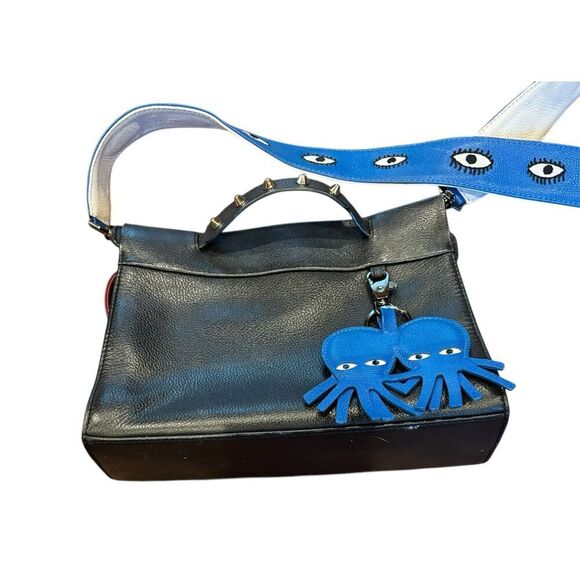Min & Mon Black Leather Satchel with Retro Octotwins Charm & Derachable Strap - Picture 2 of 10